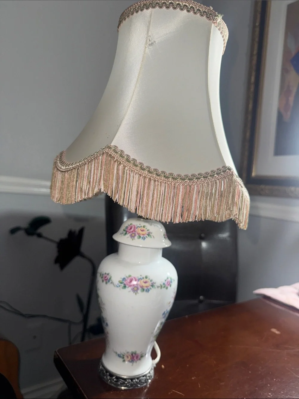 Floral Porcelain Table Lamp with Pink Shade Fringe